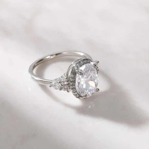 ▶Beautiful Noble Oval Pure CZ Macro Pave Silver Wedding Luxury Rings, K936